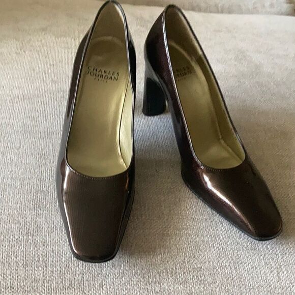 Charles Jourdan Paris Brown Patent Leather Pumps with 3 in Block Heels Size 4.5M - Picture 1 of 8